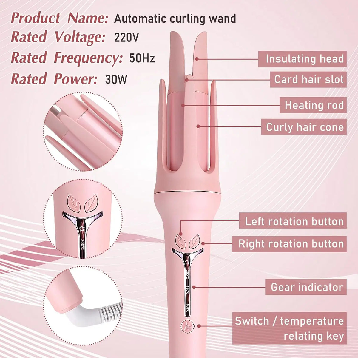 Bidirectional Automatic Curling Iron Model 391, Listed 32mm Ceramic Hair Curler with Three Described Heat Settings and 30-Minute Auto Shut-Off in Pink or Purple