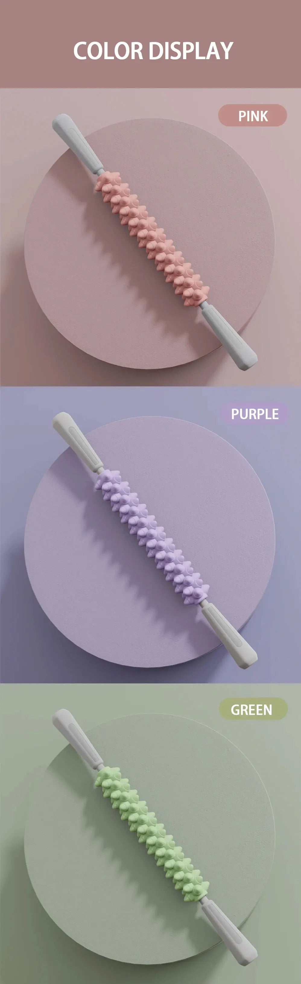 Yoga Massage Stick with Wolf-Teeth Texture Reference for Adult Calf, Thigh and Forearm Massage, Pink, Purple or Green and Two-Piece Option Labels