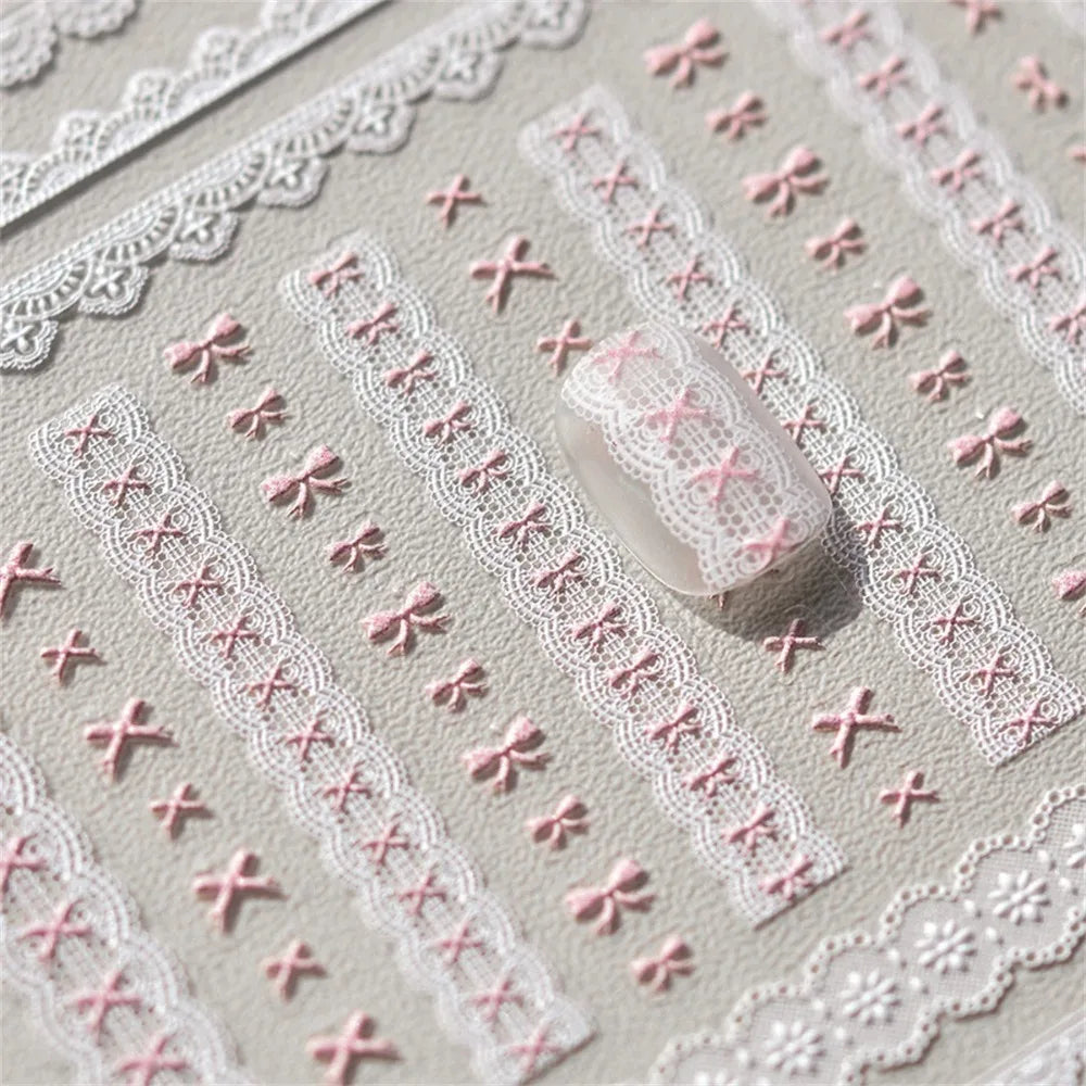 Kawaii Lace Nail Stickers, 1 Sheet of 5D Relief Self-Adhesive Bow and Red Heart Decals for Japanese-Style Wedding and Everyday DIY Manicures