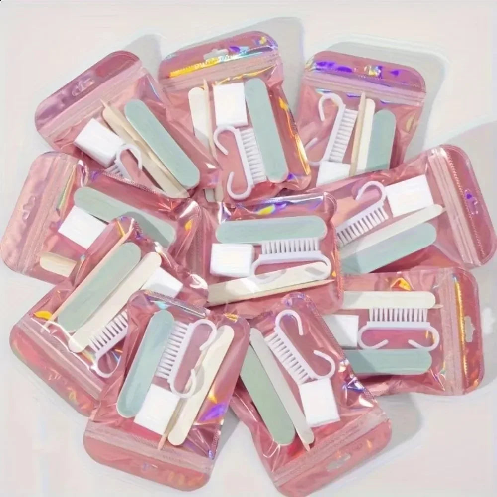 Manicure Prep Kit with Five Tools and Holographic Zipper Bag, Mini Nail File, Buffer, Cuticle Pusher, Cleaning Brush and Wooden Stick for Home and Travel