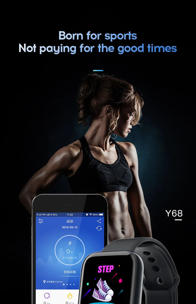 Y68 Smart Watch with Original Box for Men and Women, Gray, Black, White or Pink Wearable with Listed Sleep Monitoring and Heart Rate Functions for Compatible iOS and Android Phones