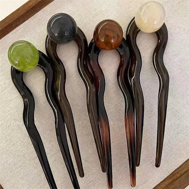 U-Shaped Hair Fork in Acrylic for Women's Bun and Updo Styling, Decorative Hair Stick with Green, Brown, Grey and Beige Labels Plus a Four-Piece Option