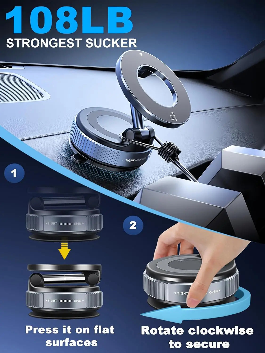 Folding Magnetic Phone Holder, 360° Rotating Vacuum Suction Mount in Black or White for Compatible Car Dashboards, Windshields and Desktop Phone Positioning