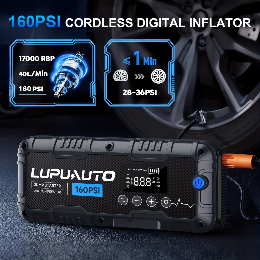 Car Jump Starter with Air Compressor and LED Light, 4000A Labeled Four-in-One Portable Unit with Power Bank Function and Listed 160 PSI Maximum Pressure
