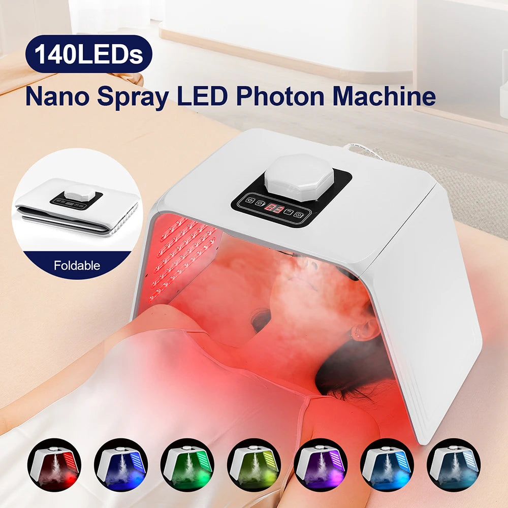 LED Facial Light Machine with Nano Spray, Seven Color Settings and 140 LEDs, 24W ABS Beauty Device with Adapter, Eye Protection and Four Plug Options