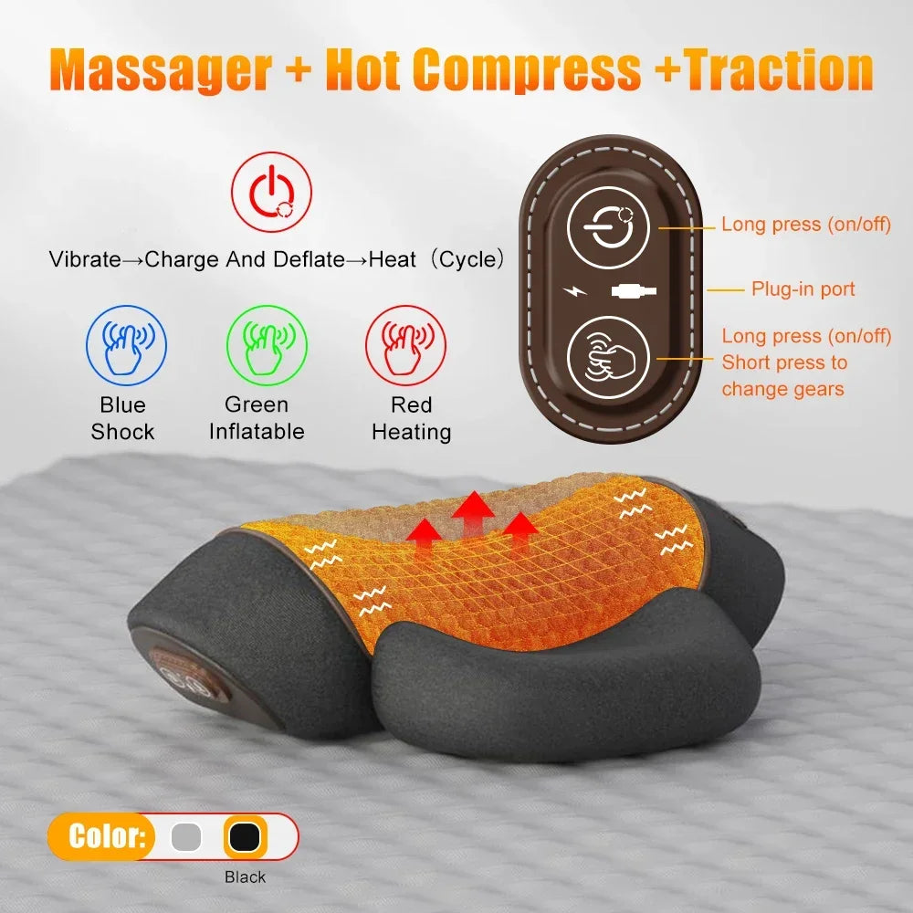 Heated Neck Massage Pillow, Electric Cervical Support with Listed Vibration and Stretch Options for Adult Personal Care and At-Home Relaxation