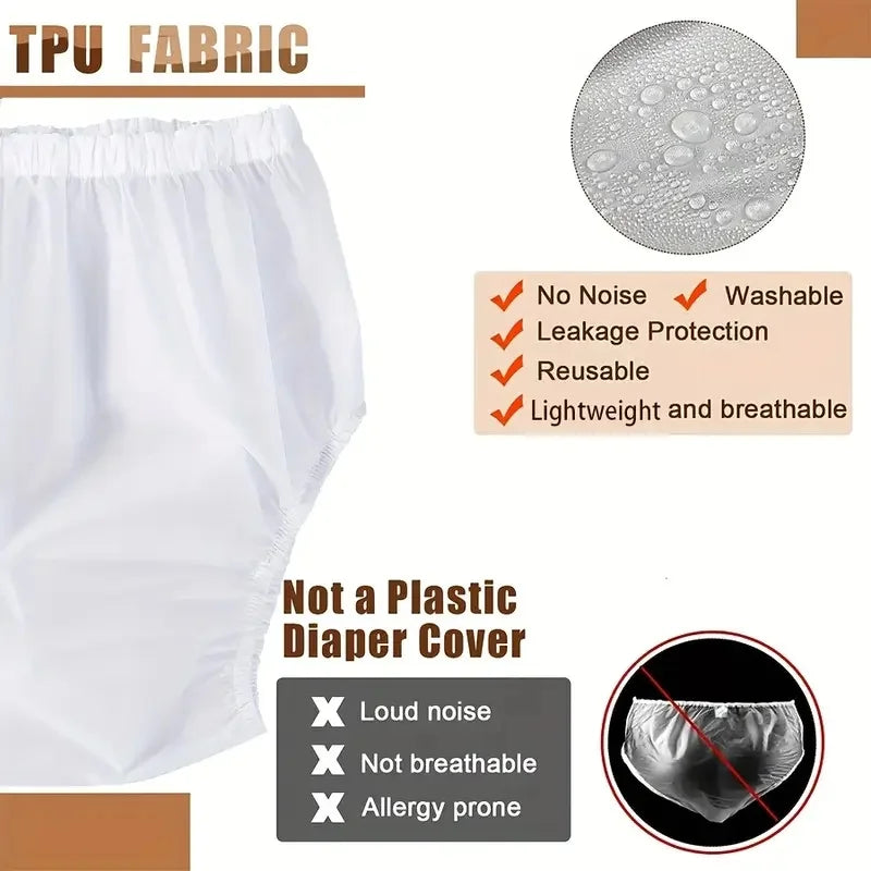 Adult Waterproof Diaper Covers 2-Pack, Reusable Easy-to-Clean TPU Personal Care Overpants in Clear or White with XS to XL Size Options