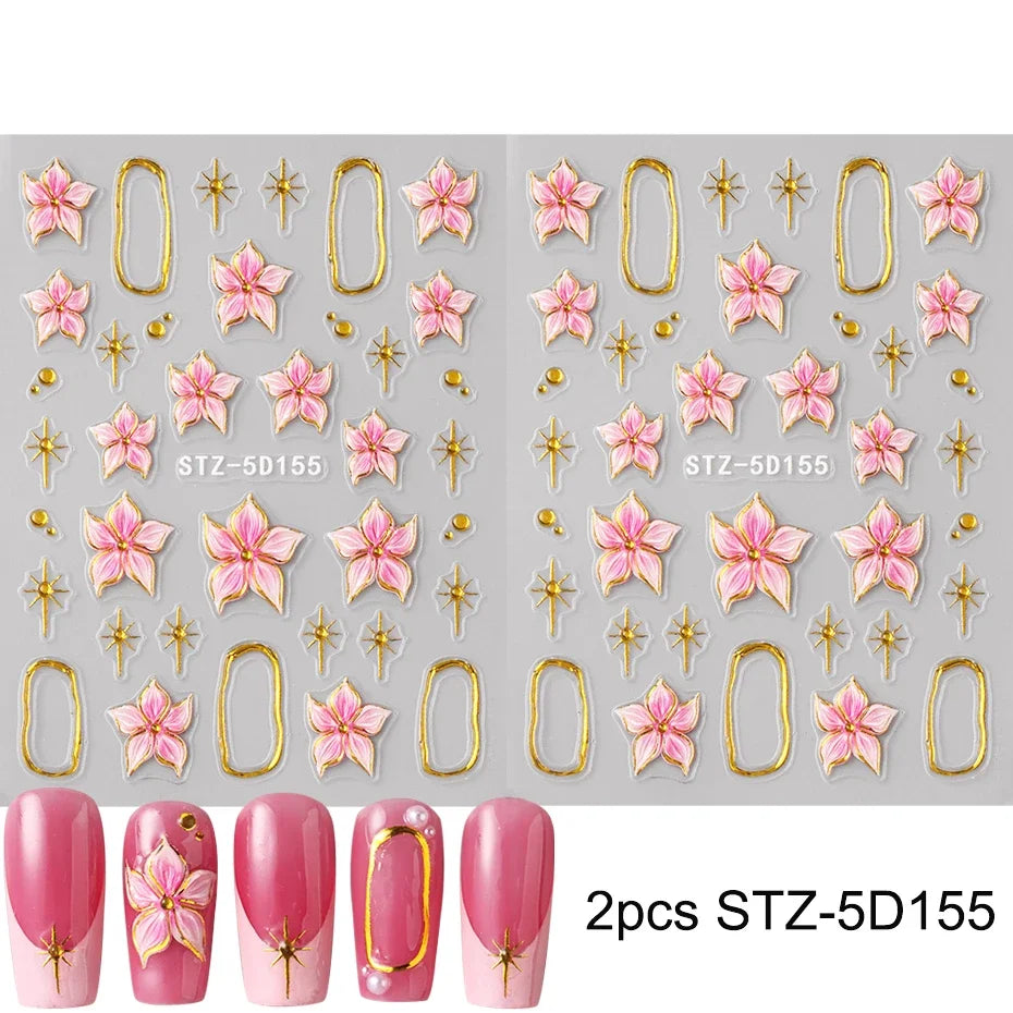 Hibiscus Flower Nail Stickers with Embossed Pink Floral and Golden Ring Details, 2-Piece 5D155 Self-Adhesive Decal Set for DIY Manicures and Party Nail Art