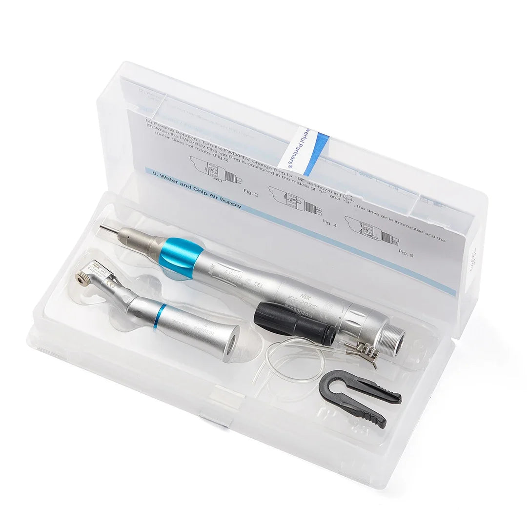 Low Speed Contra Angle Dental Handpiece with 1:1 Direct Drive, Wrench and Manual, 2 or 4 Hole Set Labels and Six Color Options for Professional Use