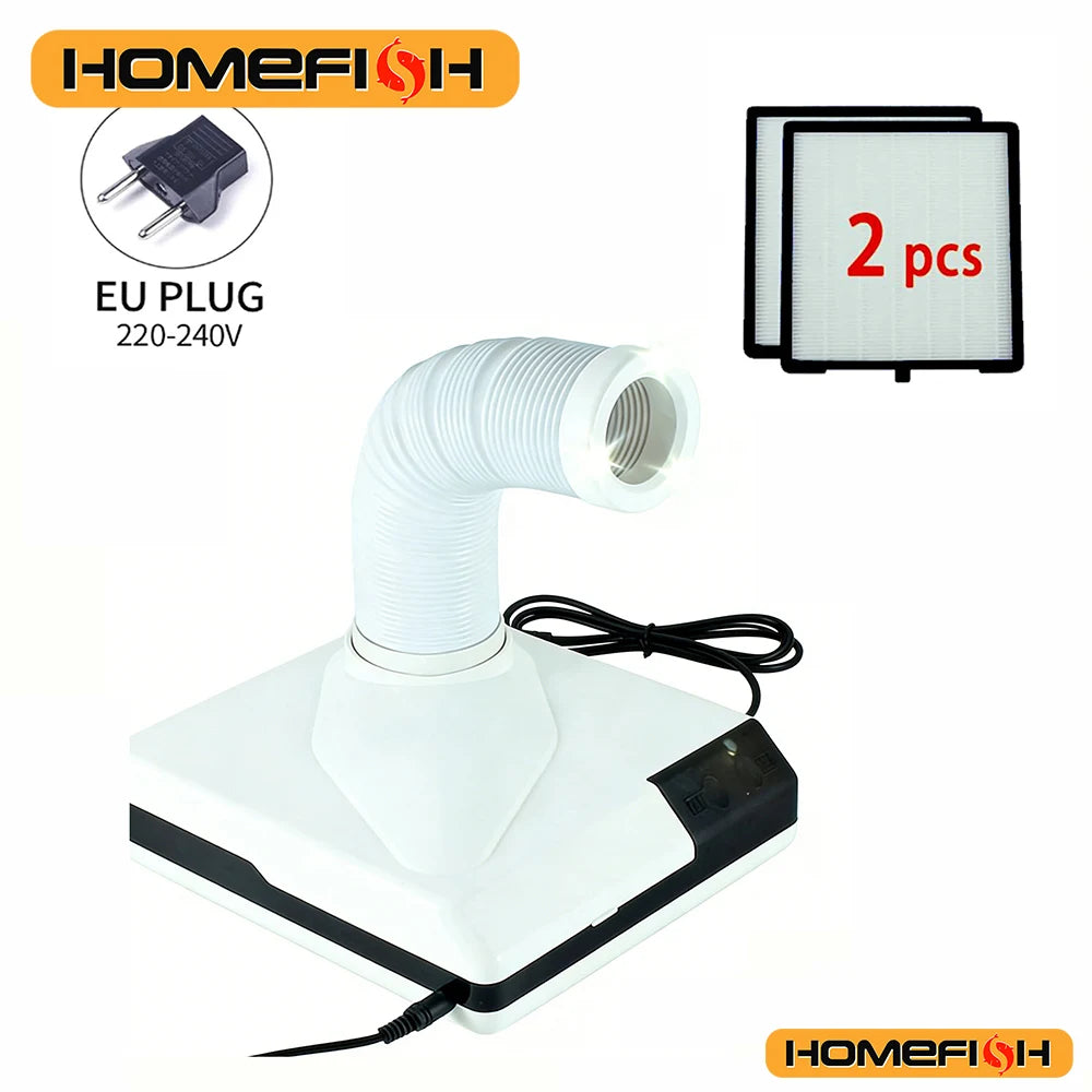 Nail Dust Collector with Tube Intake and Three LED Spotlights, Touch-Control White Manicure Vacuum with Replaceable Filter and Listed 60W EU Plug Options
