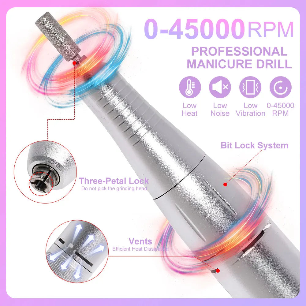 Rechargeable Portable Nail Drill with Listed 45,000 RPM Speed and Type-C Option, White, Pink or Purple Device and Kit Selections for Manicure Work
