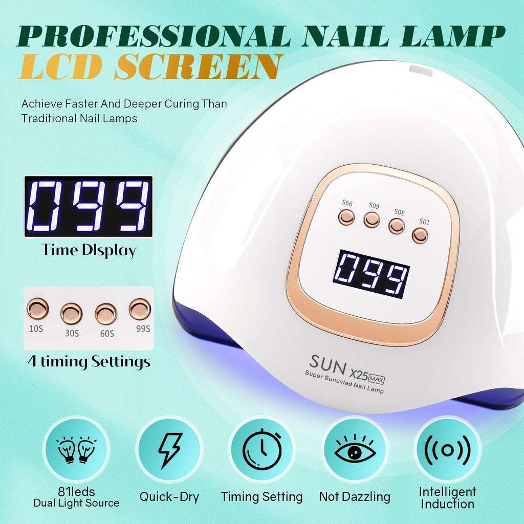 Gel Nail Curing Lamp with Four Timers, Auto Sensor and Removable Tray, Listed 81-LED SUN X25 MAX Specifications and X23, X25, X26 or X27 Options