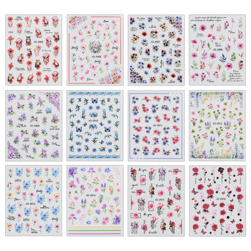 Flower Nail Stickers with Butterfly, Rose, Lavender and Clover Designs, Self-Adhesive 3D Nail Art Decals in 3 to 60 Sheet Options for DIY Manicures