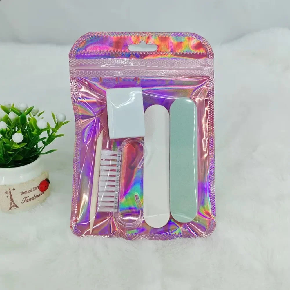 Manicure Prep Kit with Five Tools and Holographic Zipper Bag, Mini Nail File, Buffer, Cuticle Pusher, Cleaning Brush and Wooden Stick for Home and Travel