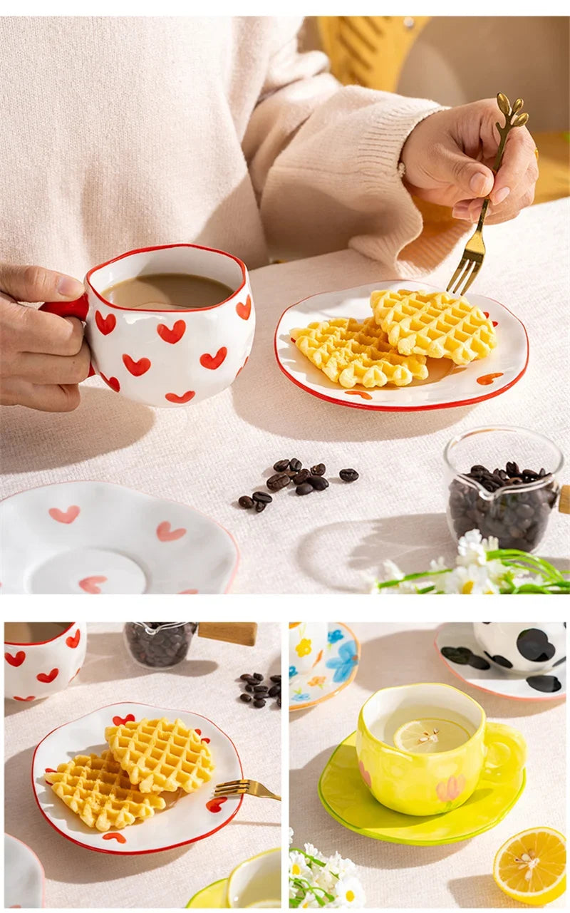 Hand-Painted Ceramic Mug with Irregular Korean-Style Shape and Floral, Heart or Playful Pattern Options for Breakfast Coffee and Afternoon Tea, Cup Only