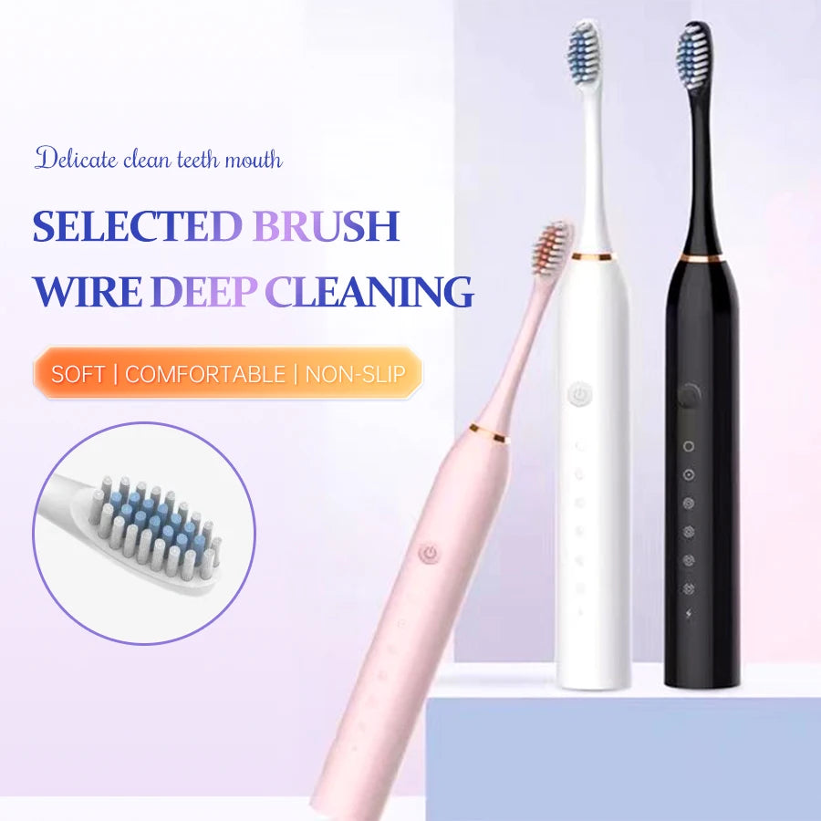USB Rechargeable Electric Toothbrush for Adults, X3 Six-Mode Soft Bristle Brush with Two-Minute Cycle, 30-Second Reminders and Four-Head Option Labels