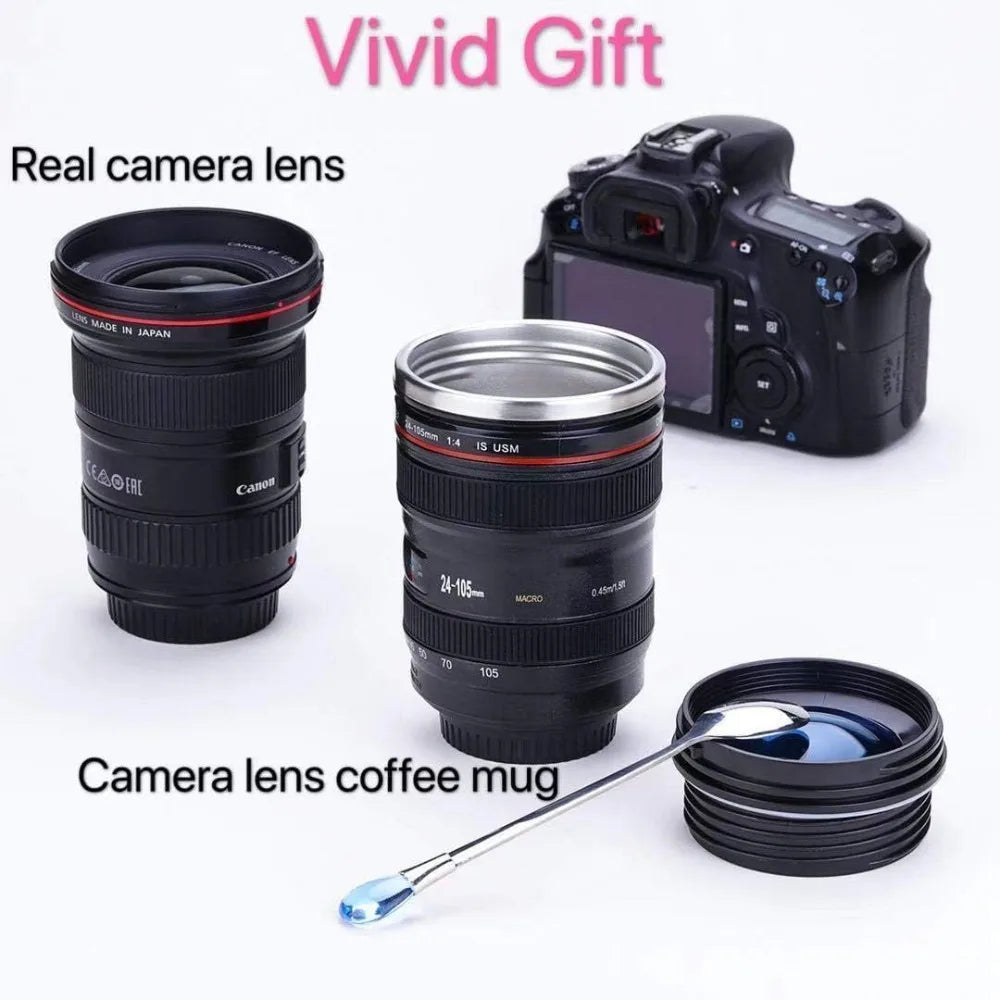 Camera Lens Coffee Mug, Photography-Themed Reusable Novelty Cup in Black 400ml or White 450ml Labeled Options for Home Desks and Photographer Gift Ideas