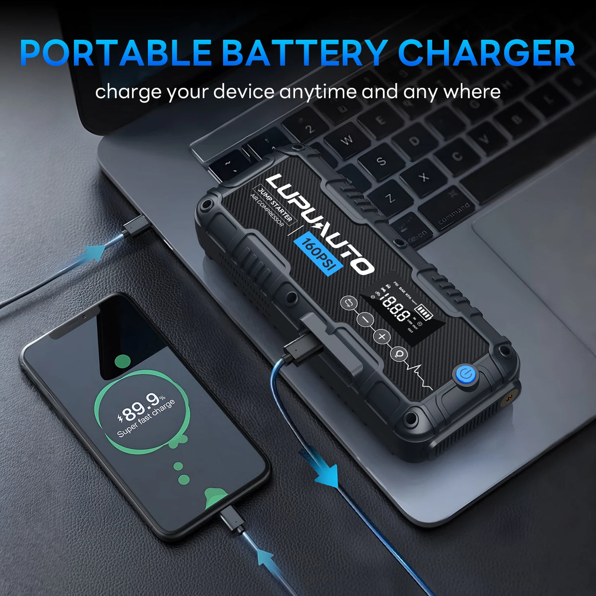 Car Jump Starter with Air Compressor and LED Light, 4000A Labeled Four-in-One Portable Unit with Power Bank Function and Listed 160 PSI Maximum Pressure