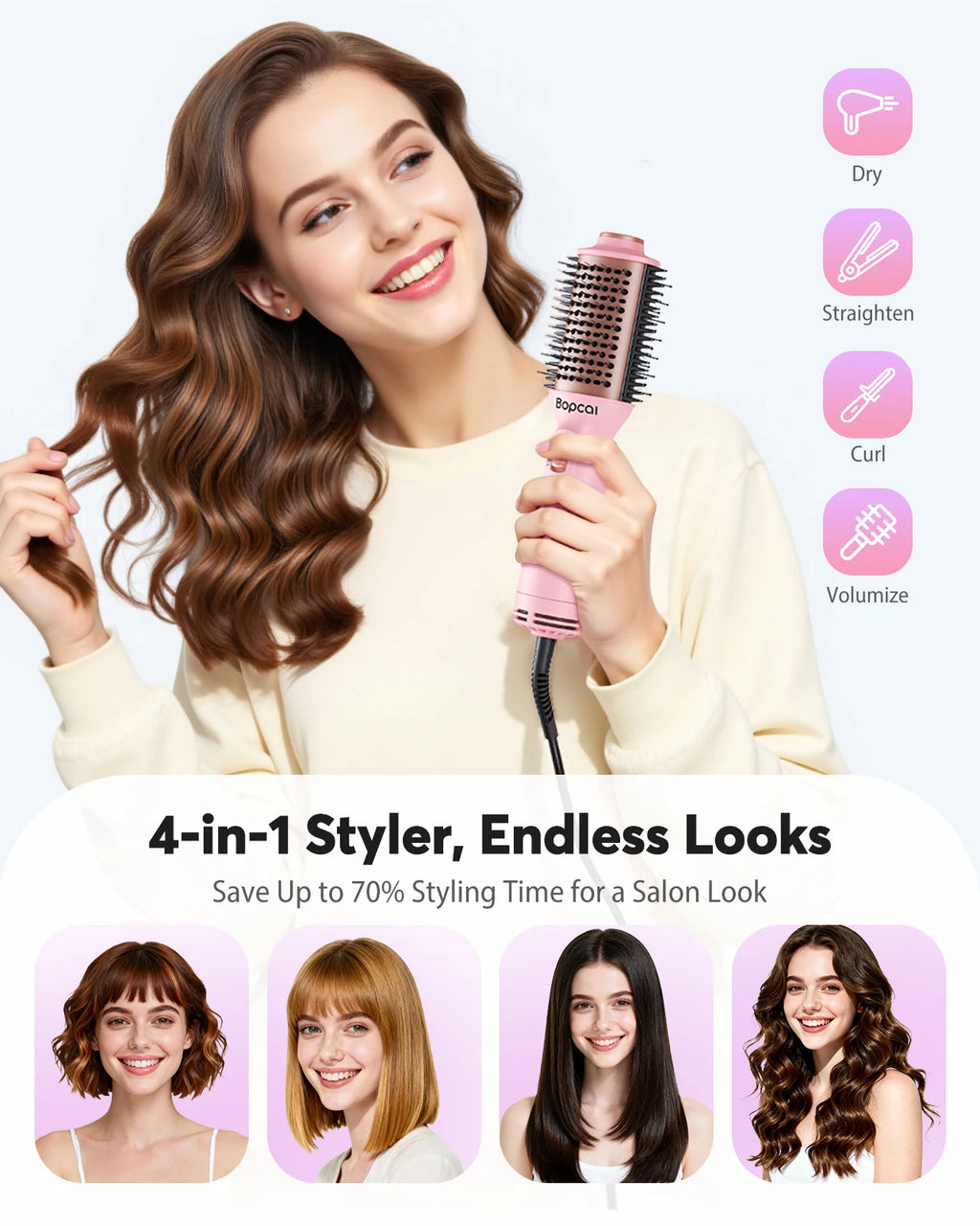 Dual Voltage Travel Hair Dryer Brush, Pink 4-in-1 Compact Hot Air Styler with Listed 100–240V Operation, Three Heat and Airflow Modes and US, EU or UK Plug Choices