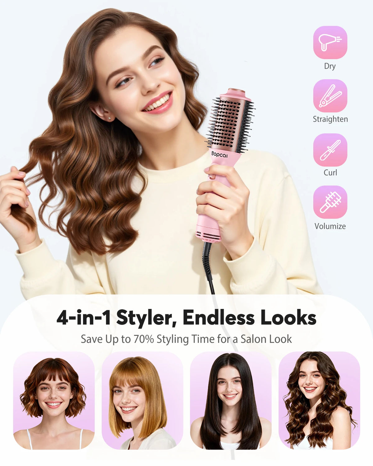 Dual Voltage Travel Hair Dryer Brush, Pink 4-in-1 Compact Hot Air Styler with Listed 100–240V Operation, Three Heat and Airflow Modes and US, EU or UK Plug Choices