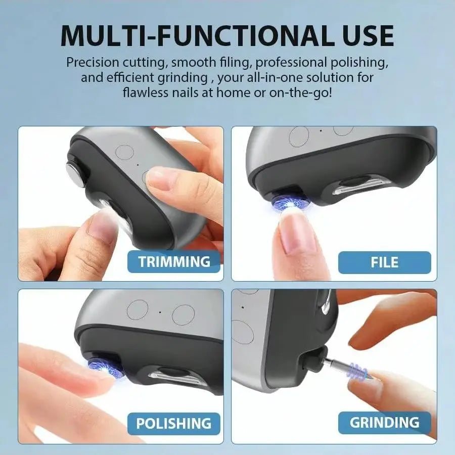 Mini Electric Nail Clipper with Rechargeable Type-C Charging, Automatic Sensing Light, Debris Compartment and Flat or Pointed Polishers for Home Nail Care