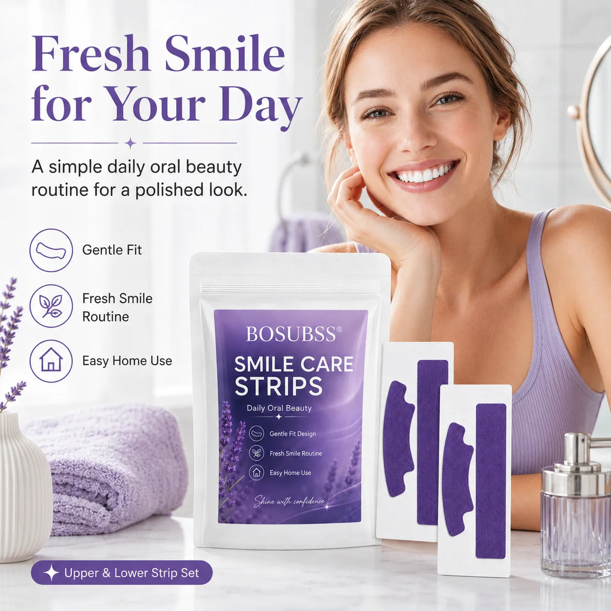 Purple Teeth Whitening Strips with Dry Sticker Format, Portable Oral Care Patches for Home and Travel in 1pcs, 2pcs or 6pcs Labeled Package Options