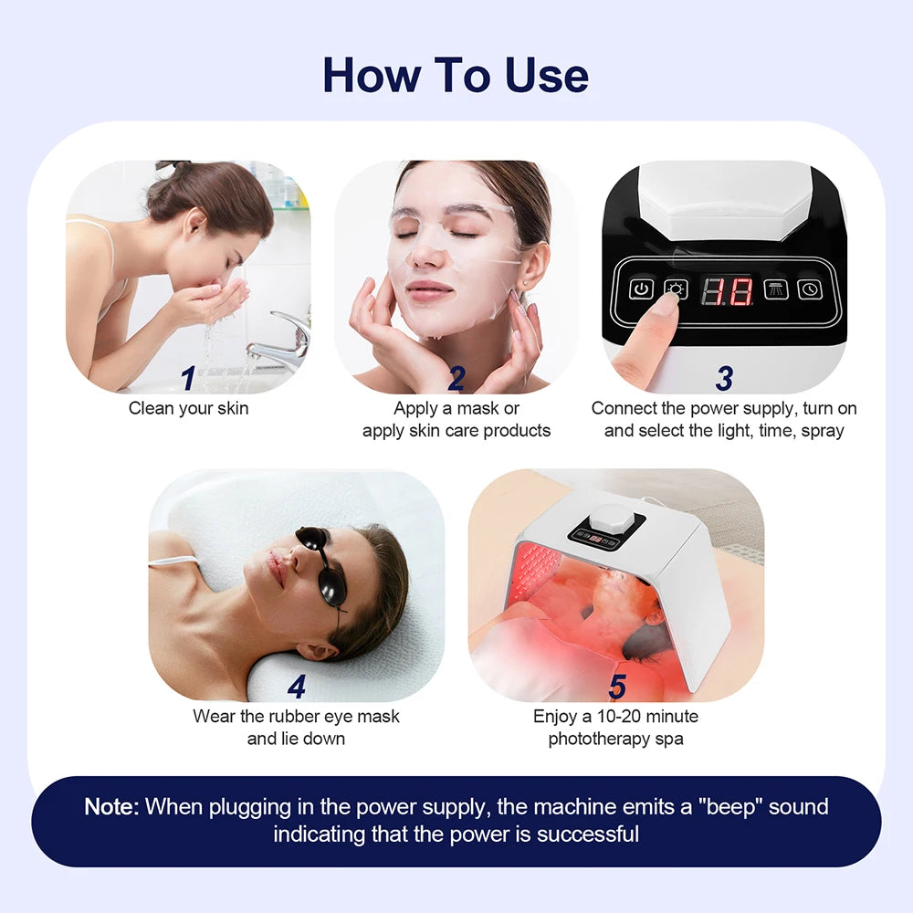 LED Facial Light Machine with Nano Spray, Seven Color Settings and 140 LEDs, 24W ABS Beauty Device with Adapter, Eye Protection and Four Plug Options