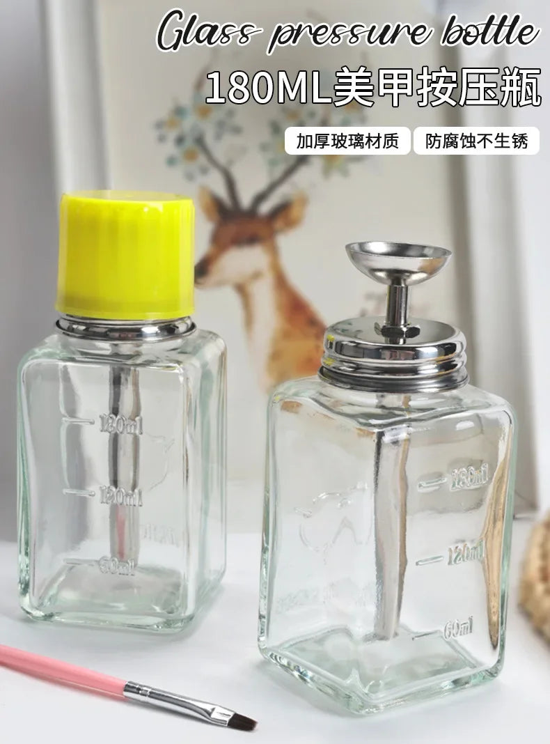 Glass Nail Liquid Pump Bottle 180ml, Empty Press-Top Dispenser for Compatible Manicure Cleansing Liquids and Nail Polish Remover at Home or Salon Stations