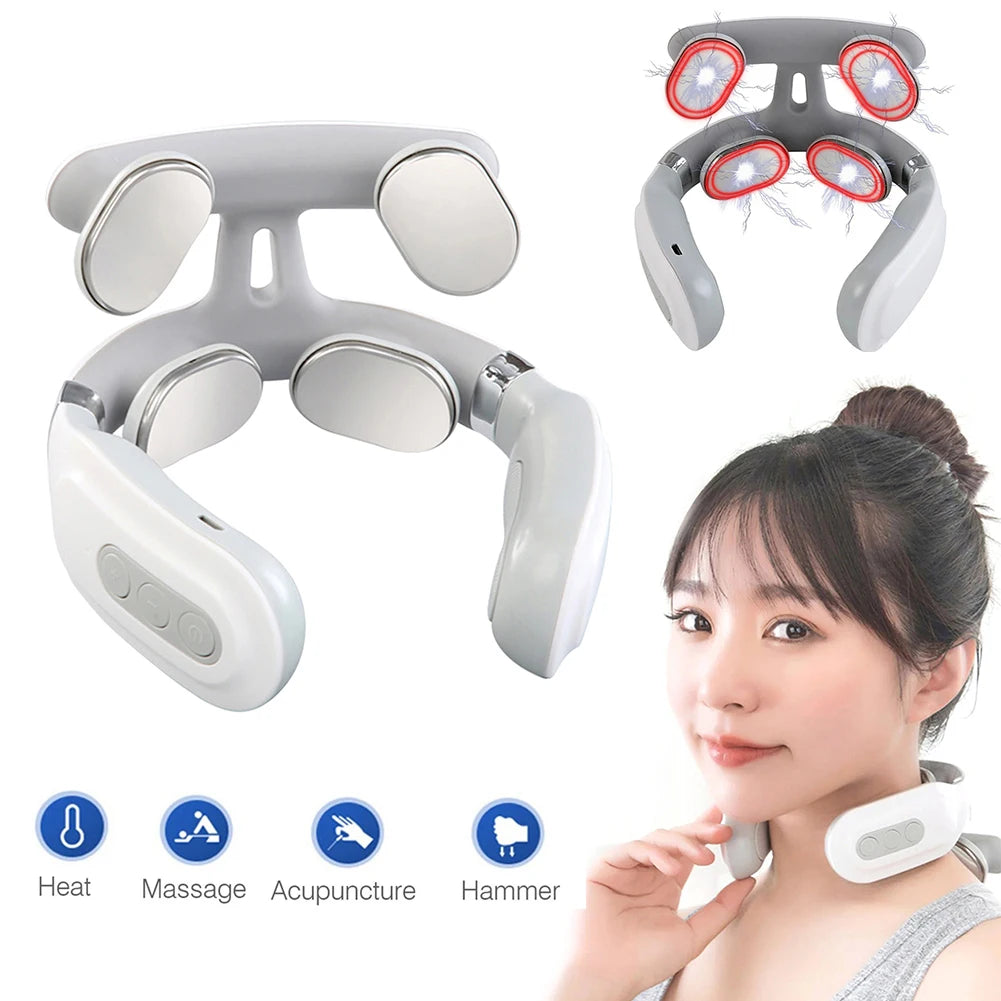 100V JP Plug Neck Massager with Listed USB Rechargeable Design, Four-Head Heating and Adjustable Intensity for Adult Relaxation, Compatibility Check Required