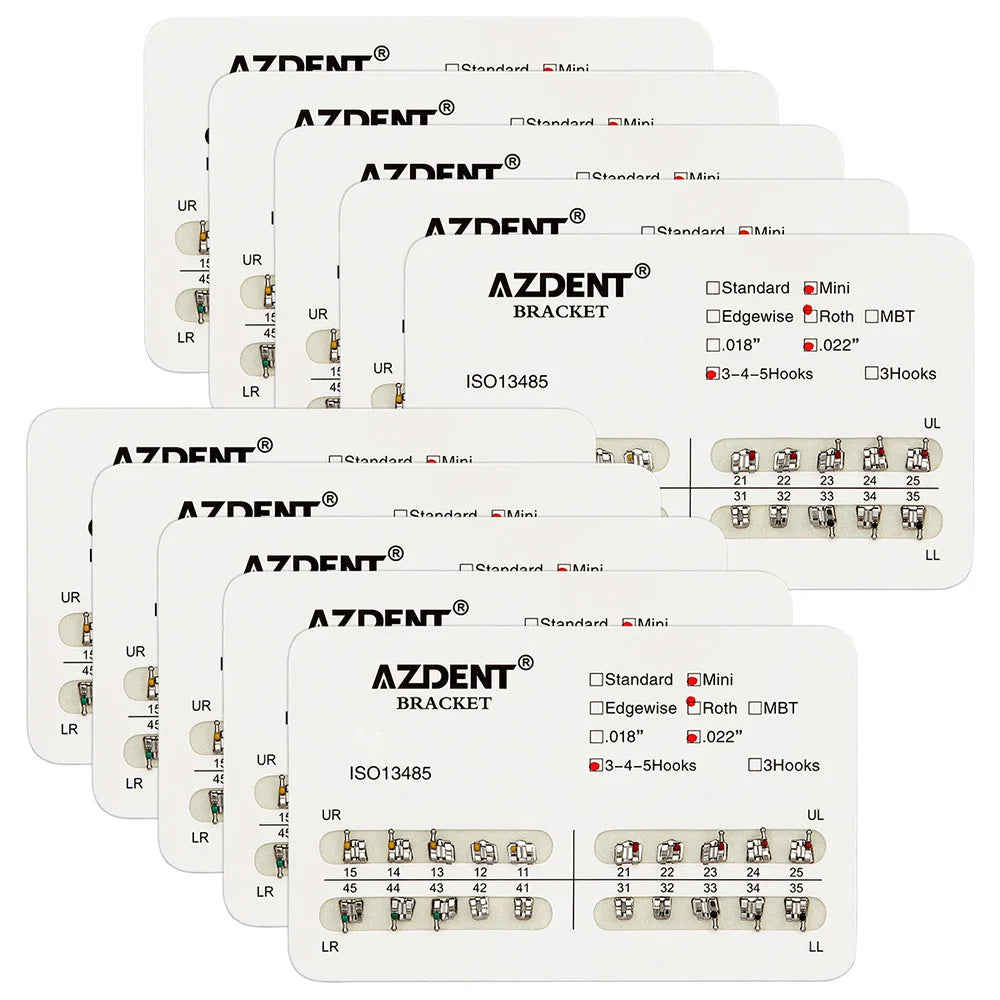 Orthodontic Metal Brackets by AZDENT, Mesh Base Mini and Standard Options with Roth, MBT or Edgewise Styles, 018 or 022 Slots, 10 Packs of 20 Pieces
