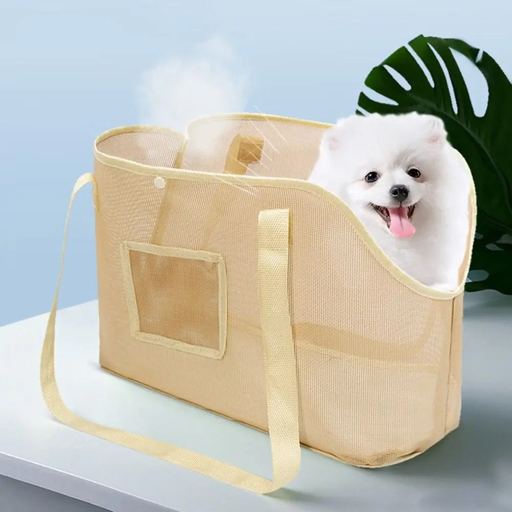 Mesh Dog Carrier Shoulder Bag, Foldable Breathable Pet Travel Handbag with Textilene, Nylon and Oxford Cloth in Beige, Black or Grey and M or L Size Options