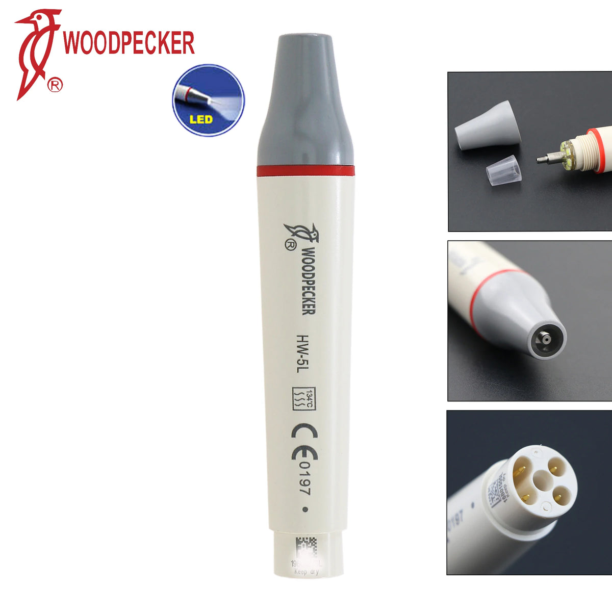 Ultrasonic Scaler Handpiece and Tip Options by Woodpecker, HW-5L LED Handpiece or P, E and G Series Tips for Compatible Dental Equipment