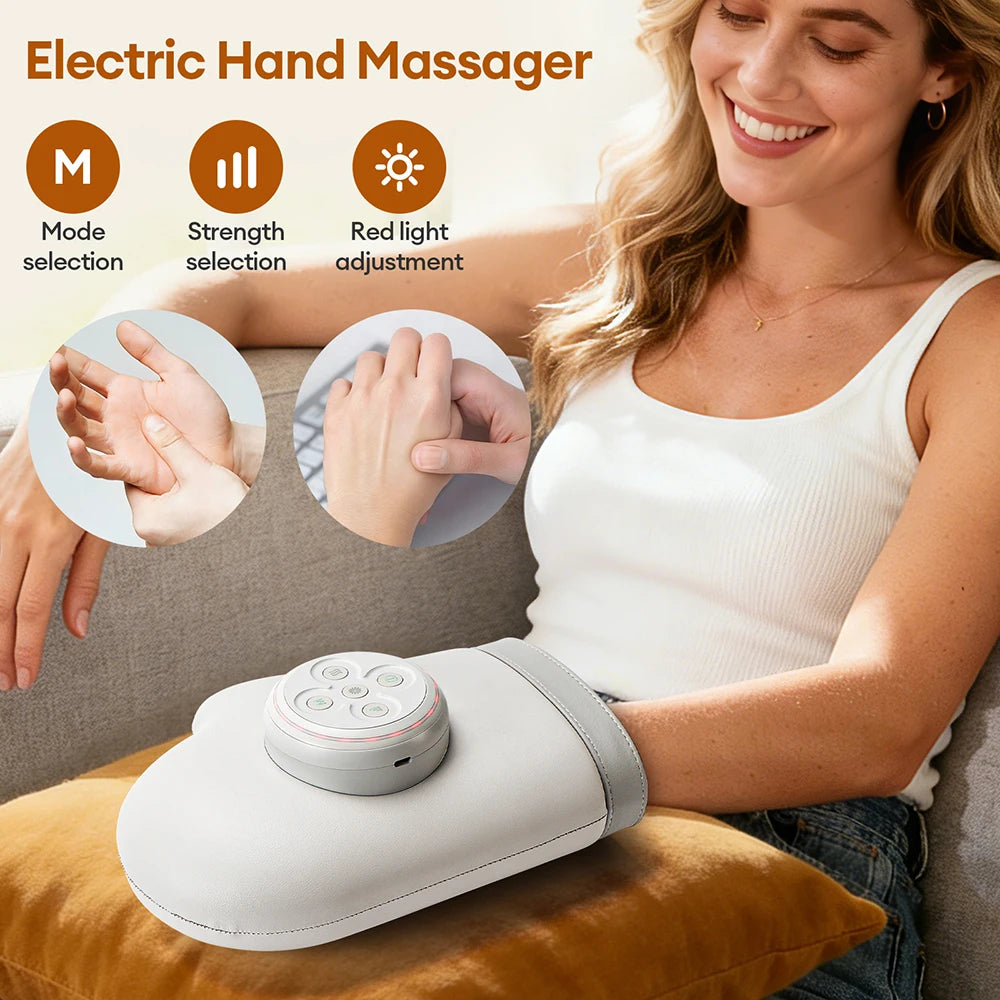 Electric Hand Massager in White with Air Compression, Three Listed Modes and Five Intensity Levels, 2000mAh Rechargeable Battery and 15-Minute Timer for Adult Relaxation