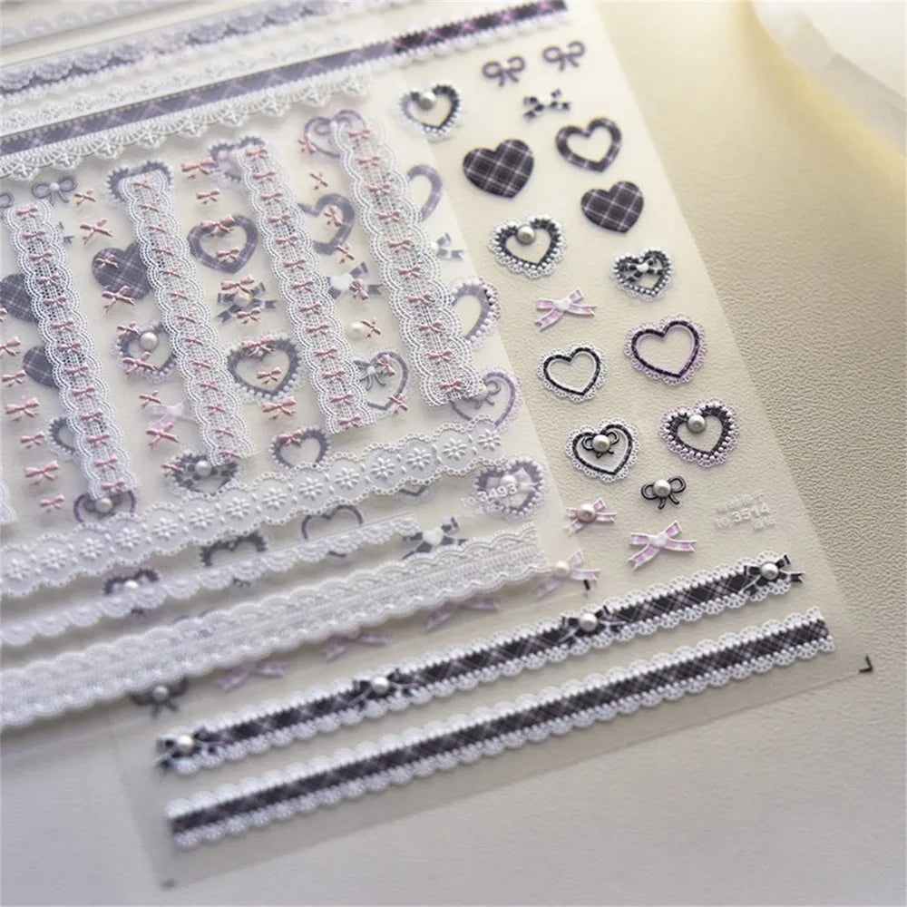 Kawaii Lace Nail Stickers, 1 Sheet of 5D Relief Self-Adhesive Bow and Red Heart Decals for Japanese-Style Wedding and Everyday DIY Manicures