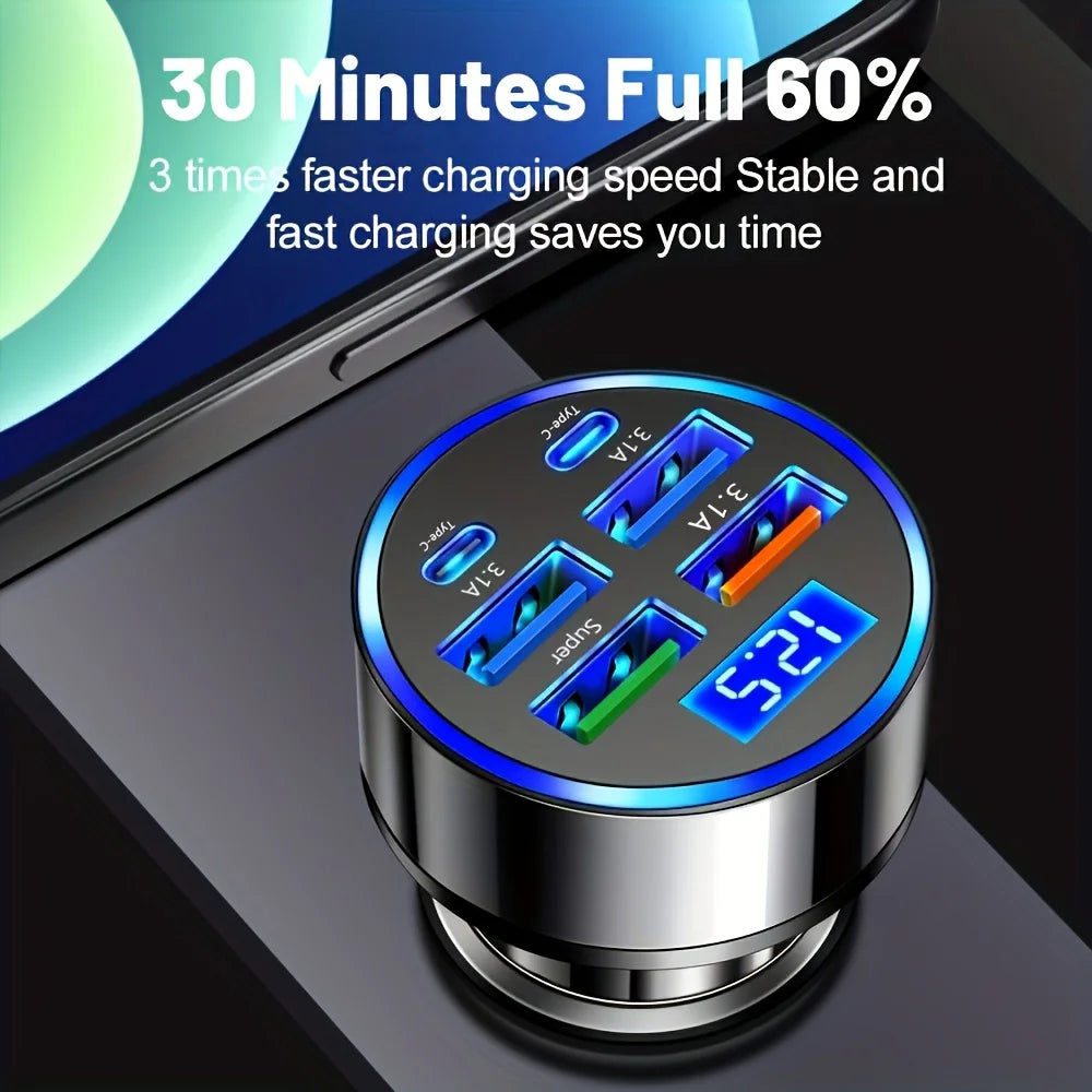 Dual Type-C Car Charging Adapter, Black Charger with Digital Display and Listed 6-in-1 Format and 3.1A Rating for Compatible Phones, Tablets and Power Banks
