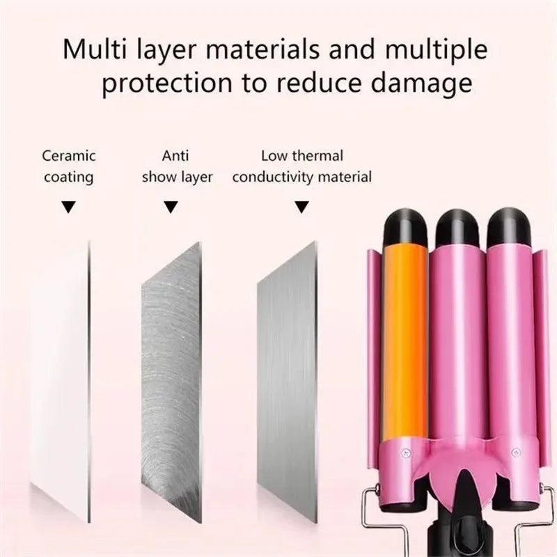 22mm Triple Barrel Hair Waver, Pink Wave Styling Iron with Ceramic Material Reference and UK, EU or US Plug Choices for Adult Hair Routines