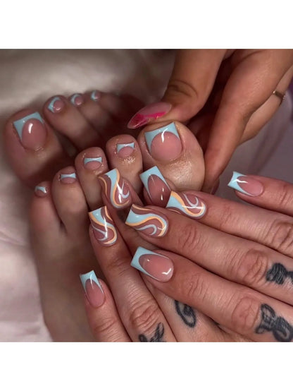 Glossy Fake Toenails with Listed 48-Piece Full-Cover Design, French-Inspired Nail Styling in Nine Color Options for Women's At-Home Pedicure and Vacation Looks