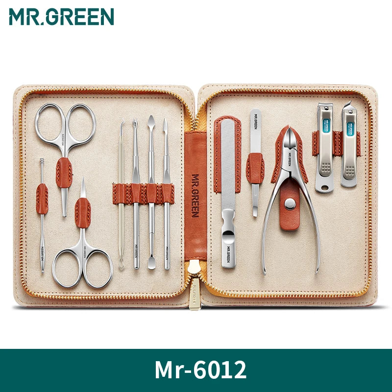 Stainless Steel Manicure Kit MR.GREEN Mr-6012 with Listed 12-in-1 Design and Portable Leather Case for Adult Nail Care, Pedicure and Travel Organization