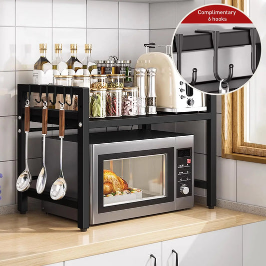 Expandable Microwave Shelf Organizer in Black or White with Listed 42–64cm Adjustable Width, Single Kitchen Rack for Countertop, Pantry and Tableware Organization