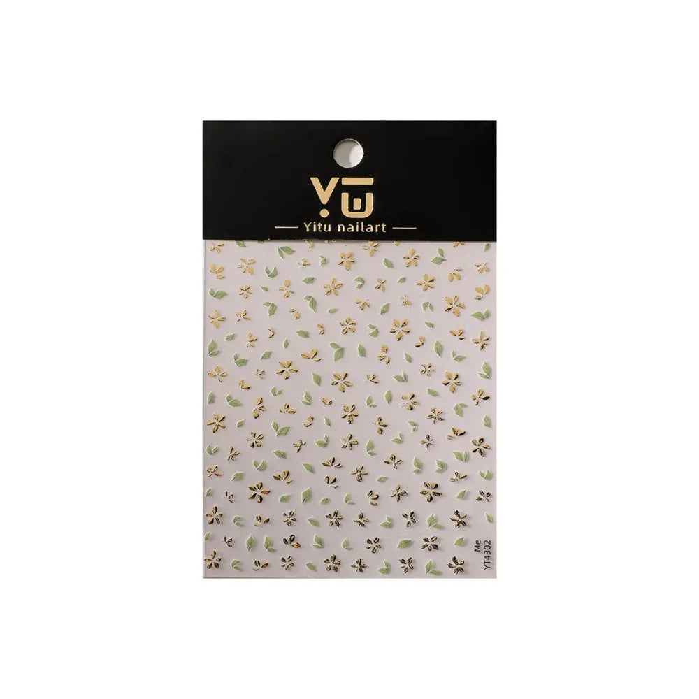 Five-Petal Flower Nail Stickers with Green Leaf and Gold-Tone Details, 3D Adhesive Blossom Decals for Spring Nail Art and Creative DIY Manicures