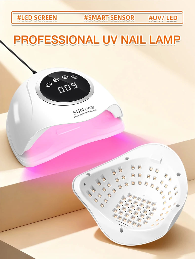 DianaBeauty Gel Curing Lamp Options with SUN X29 MAX Listed 90 LEDs, Infrared Sensor and Four Timers, Nine Model Labels and US, EU, AU or UK Plug Choices