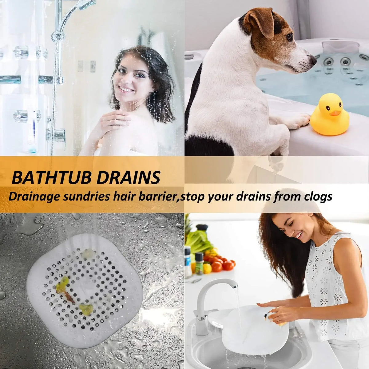 Shower Drain Hair Catcher, Square Silicone Drain Strainer with Suction Cups for Flat Shower, Bathtub and Kitchen Sink Surfaces, White, Gray or Black