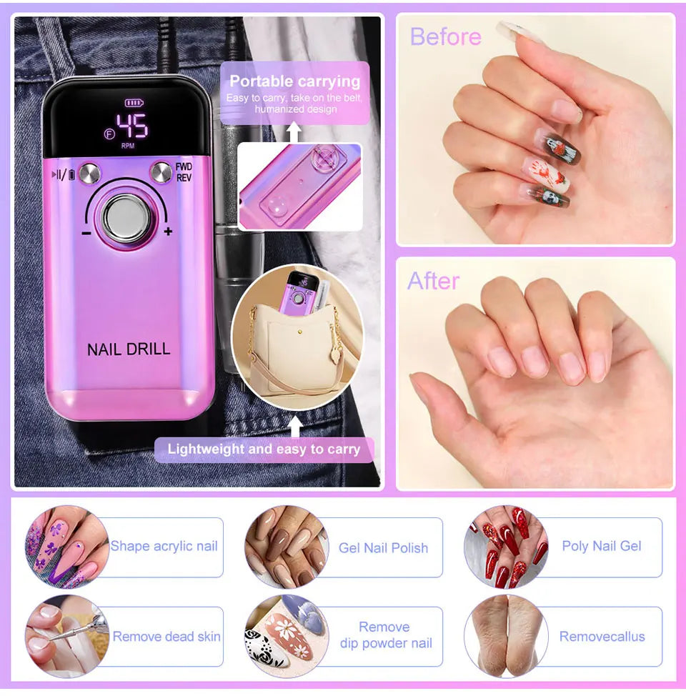 Rechargeable Portable Nail Drill with Listed 45,000 RPM Speed and Type-C Option, White, Pink or Purple Device and Kit Selections for Manicure Work