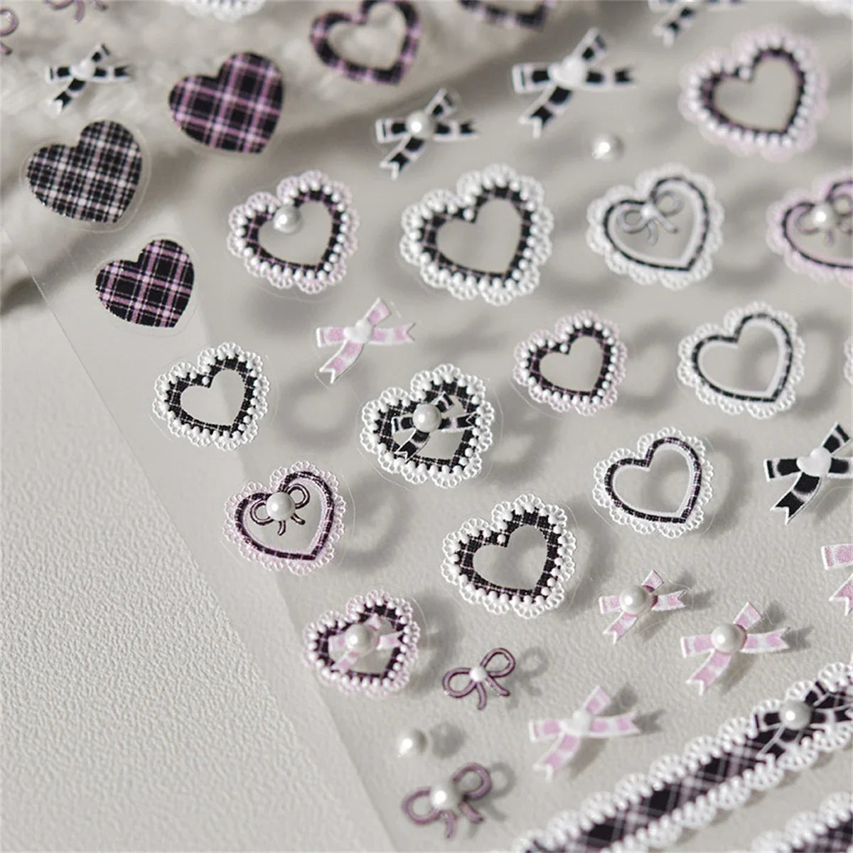 Kawaii Lace Nail Stickers, 1 Sheet of 5D Relief Self-Adhesive Bow and Red Heart Decals for Japanese-Style Wedding and Everyday DIY Manicures