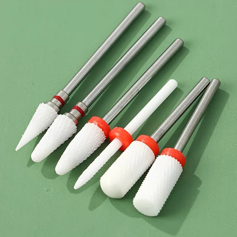 Ceramic Nail Drill Bits Set, 6-Piece Milling Cutter Accessories with Flame and Corn Shape References for Electric Manicure and Pedicure Tools