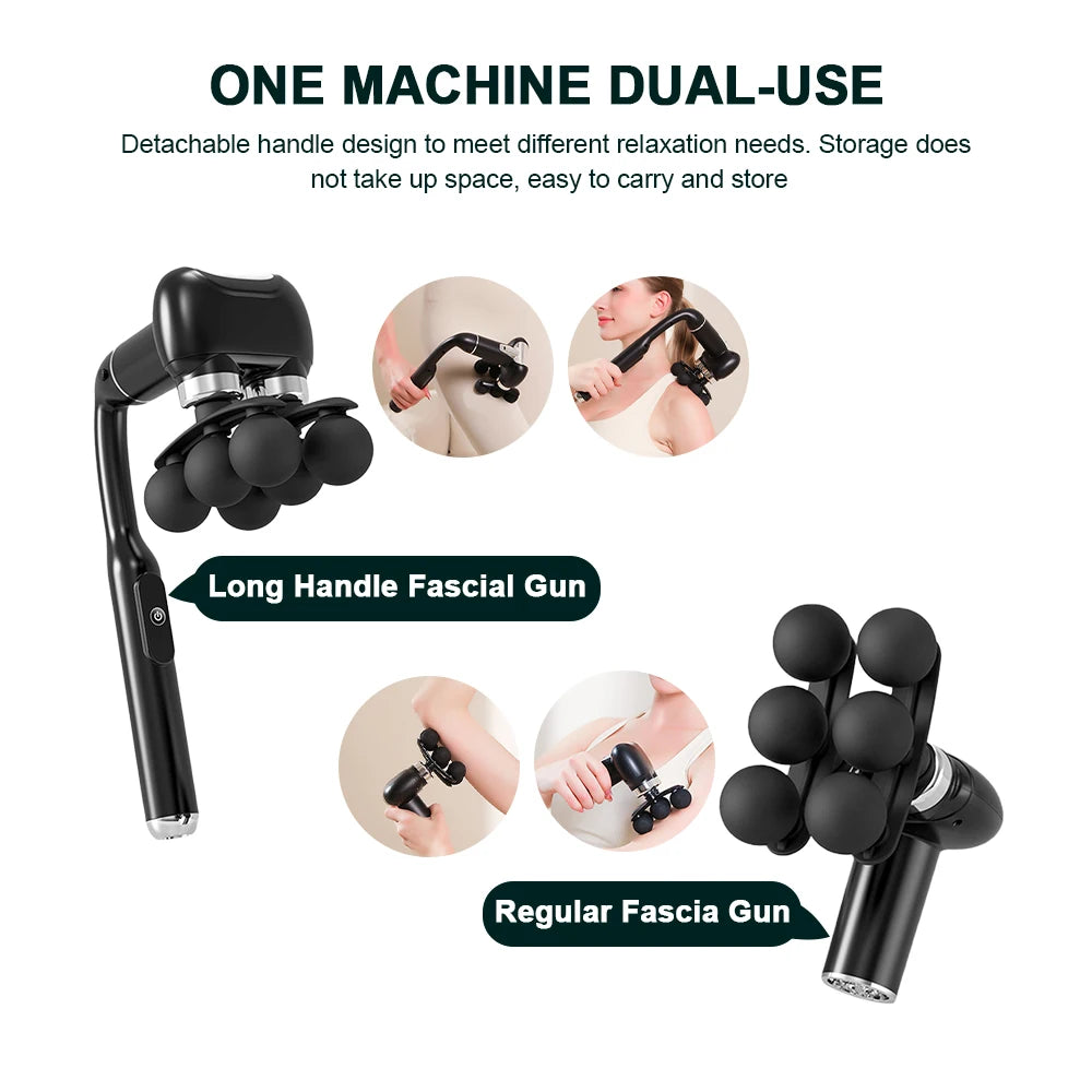 Detachable Long-Handle Massage Gun with Six Intensity Levels, Listed 1800mAh Battery and 15-Minute Timer in Black, Grey or White for Adult Home Relaxation
