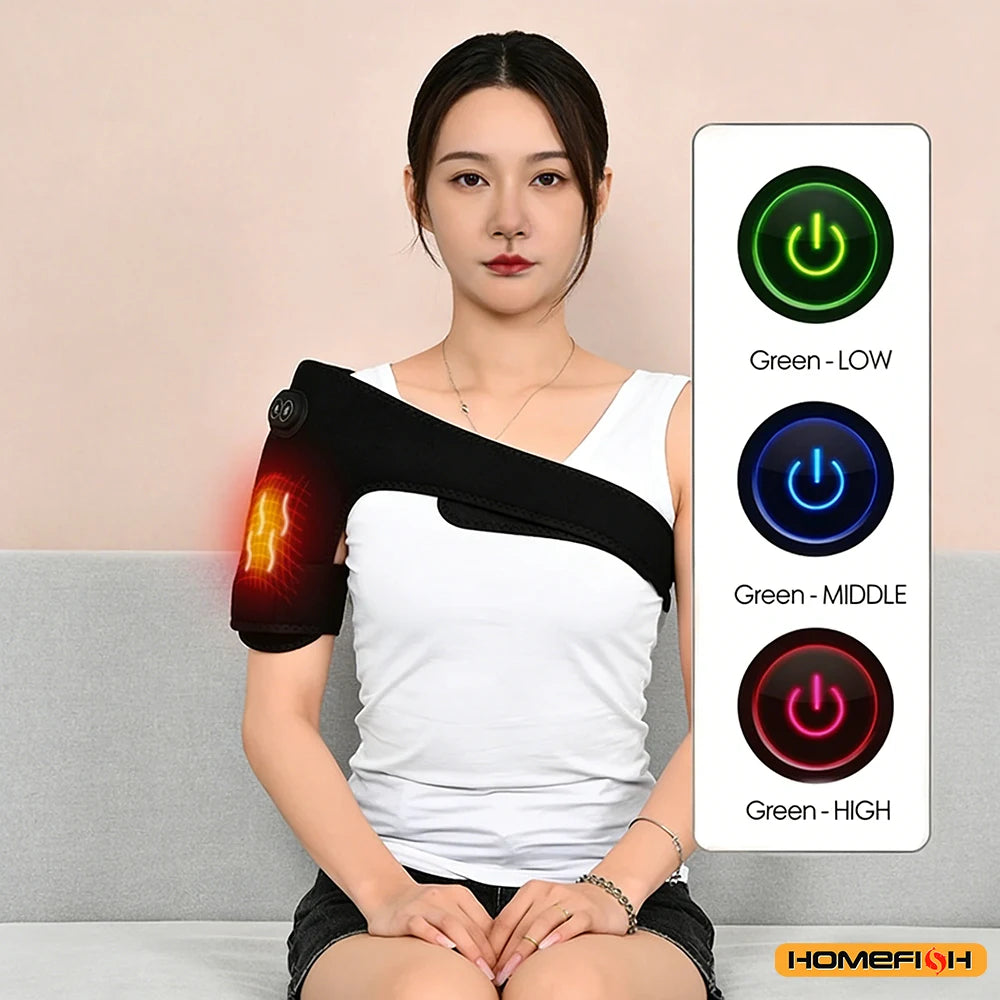 Plug-In Heated Shoulder Wrap with Adjustable Strap, Neoprene Material and Listed Graphene Heating and Pulse Vibration, HeatMassage Option Without Built-In Battery