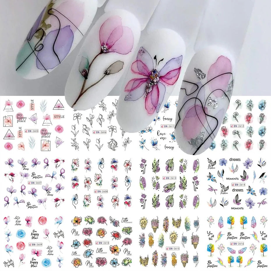 Water Transfer Nail Decals, BN2605-2616 Nail Art Slider Stickers for DIY Manicure Decoration, At-Home Styling and Seasonal Nail Design Ideas