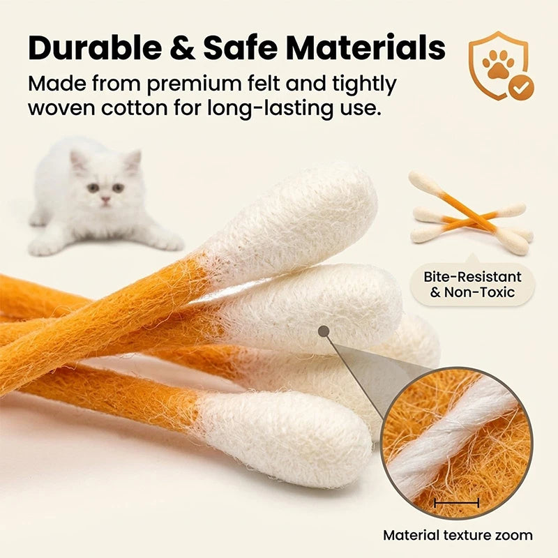 Catnip Kicker Sticks in Cotton Swab Shape, 6-Piece Felt Cat Toy Set for Supervised Indoor Batting and Kicking Play with Seven Color Option Labels