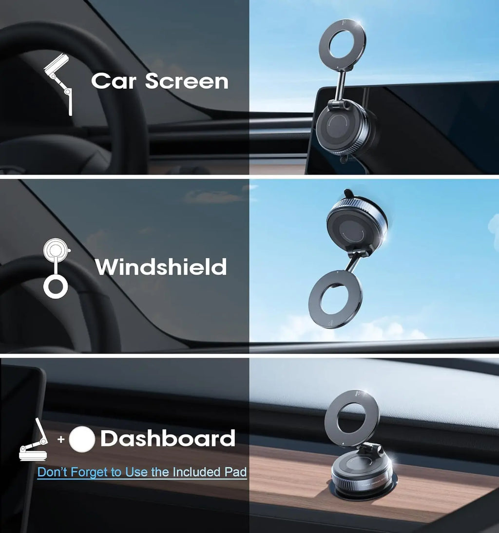 Folding Magnetic Phone Holder, 360° Rotating Vacuum Suction Mount in Black or White for Compatible Car Dashboards, Windshields and Desktop Phone Positioning